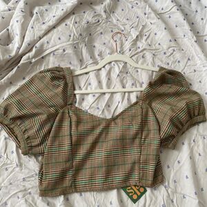 samantha pleet plaid crop blouse top in brown